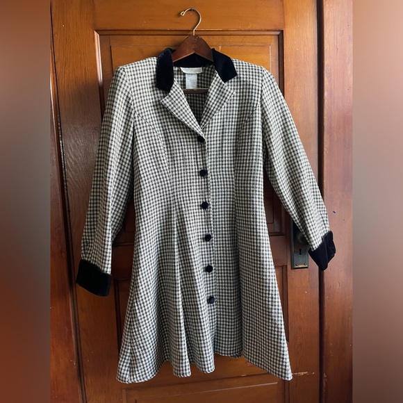 Vintage 90s Benson and Smith Plaid w/ Velvet Trim button-down fitn-flair coat s9 - Picture 8 of 11
